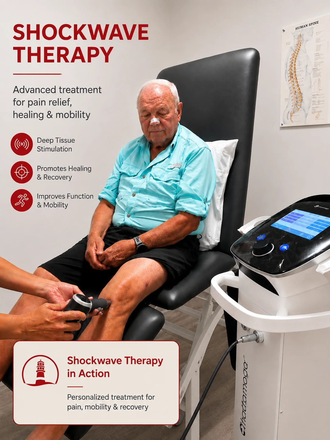 A clinician administering shockwave therapy to a patient's knee in a physiotherapy clinic