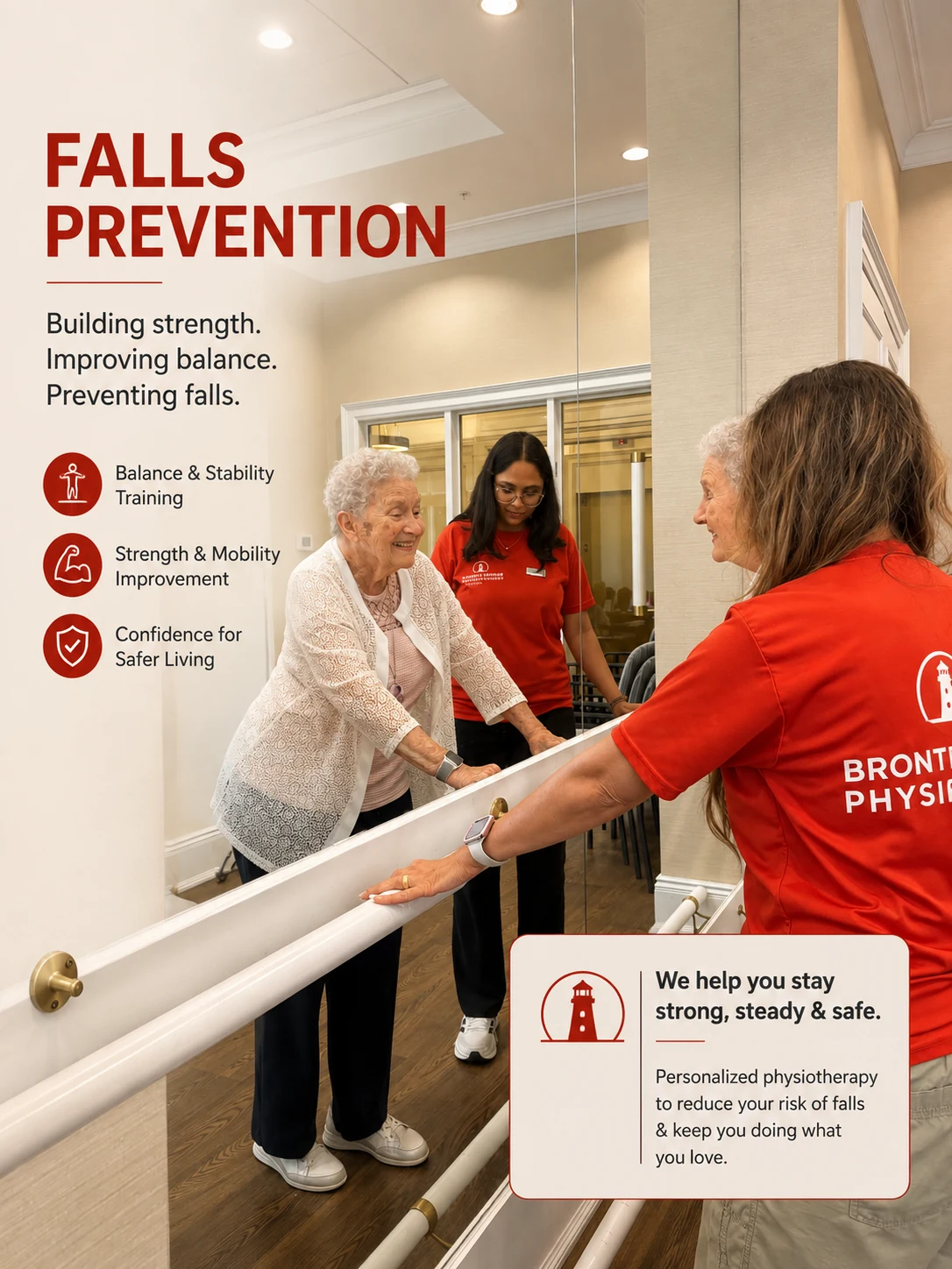 A Bronte Harbour Physiotherapy therapist helping an older adult with balance exercises using a walking rail