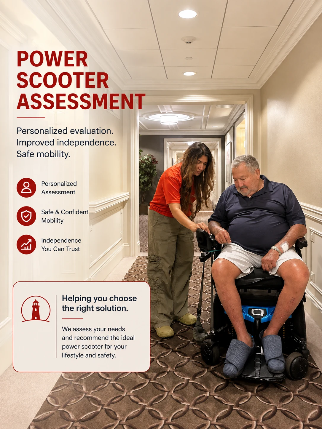 A clinician assisting a patient with a power wheelchair assessment in a hallway