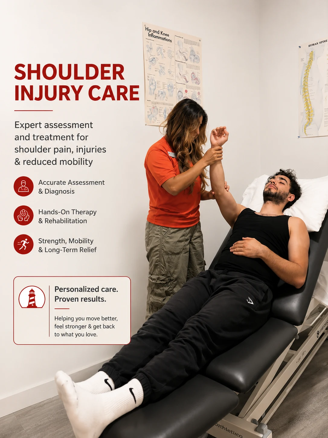 A physiotherapist guiding a patient through shoulder rehabilitation exercises on a treatment table